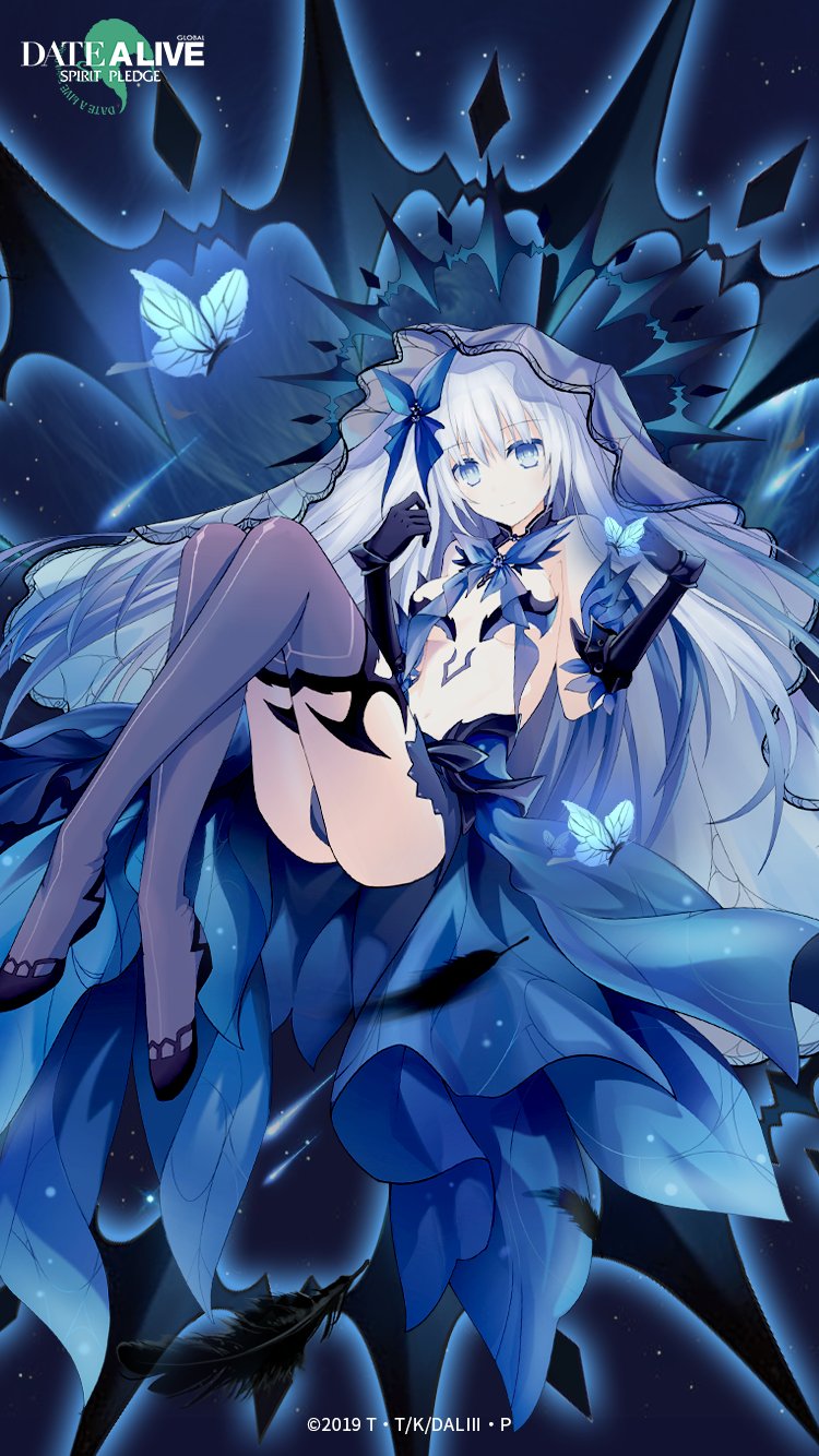 1girl, ass, black_feathers, black_gloves, blue_butterfly, blue_eyes, blue_legwear, bug