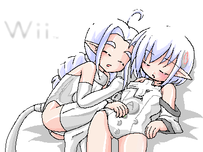 2girls, console, loli, nintendo, personification, sleeping, white_hair, wii, wii-tan, wiimote