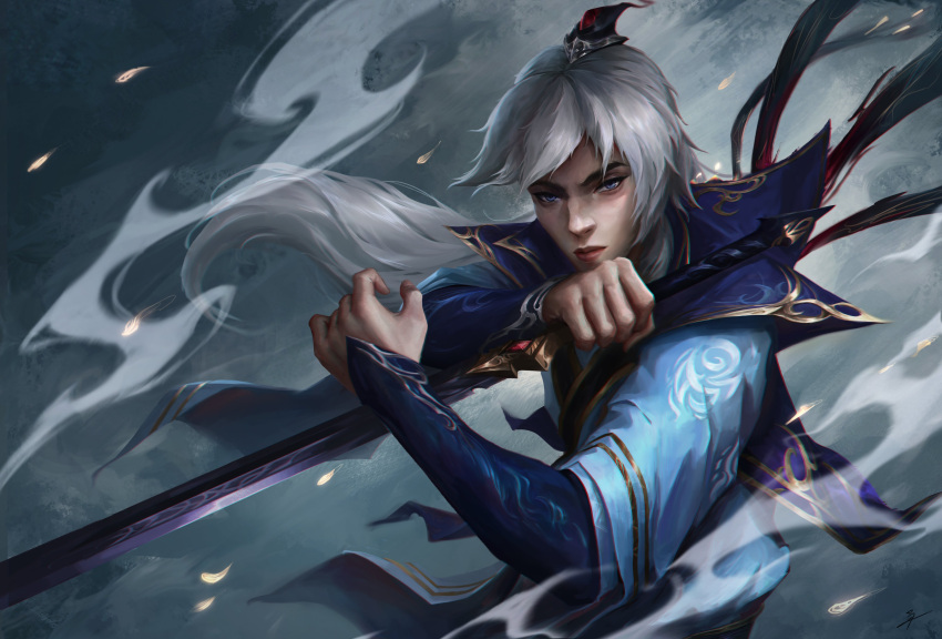 absurdres, blue_eyes, dragon, enduring_sword_talon, handle, highres, league_of_legends, lor_baa, petals, smoke, sword, talon_(league_of_legends), weapon, white_hair