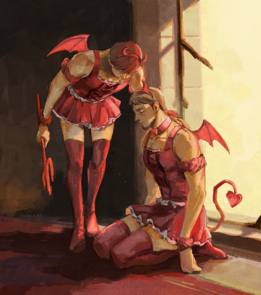 2boys, alternate_costume, che_(cyan_crown), demon_horns, demon_tail, dress, facial_hair, floch_forster