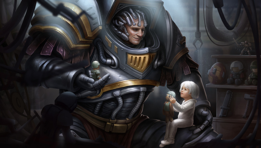 2boys, armor, cable, doll, gauntlets, highres, holding, holding_doll