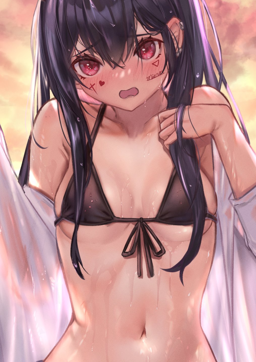 1girl, akuma_nihmune, arenoyoni, bangs, beach, bikini, black_bikini, blush