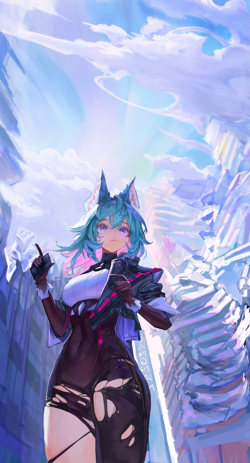 1girl, absurdres, animal_ears, blue_hair, cha_neung, clouds, cloudy_sky, highres