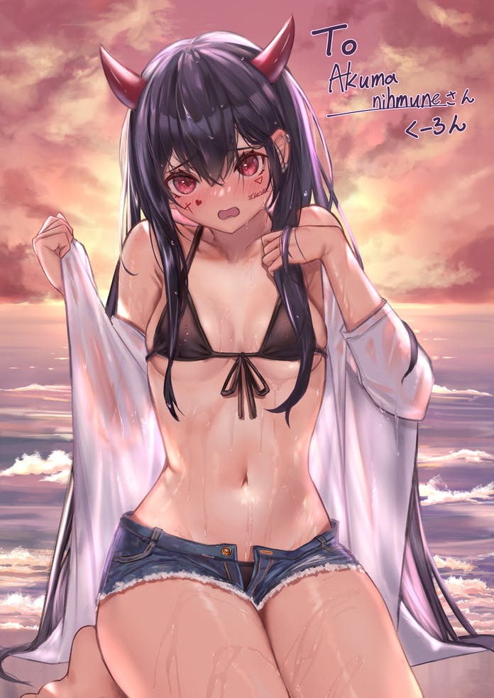 1girl, akuma_nihmune, arenoyoni, bangs, beach, bikini, black_bikini, blue_shorts