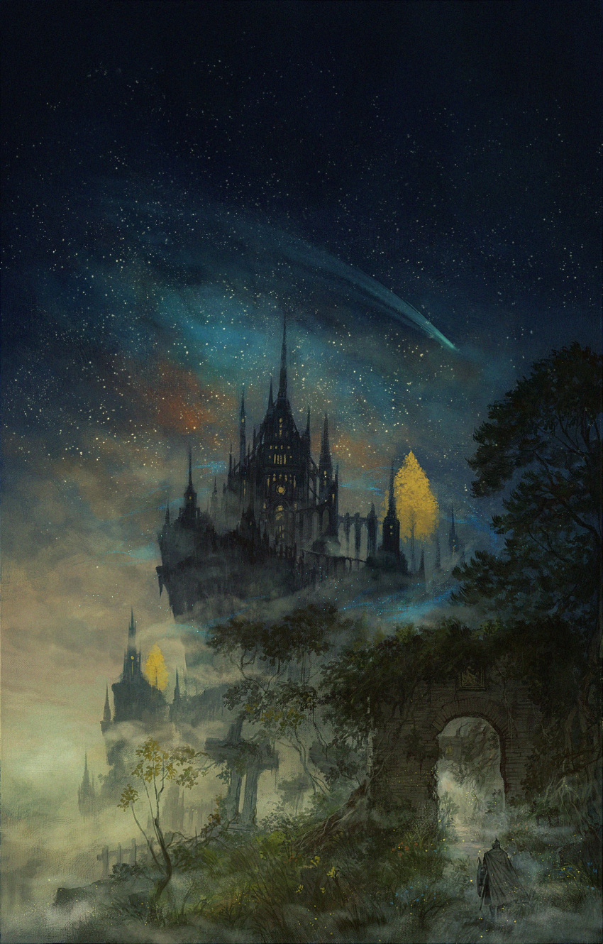 absurdres, castle, comet, elden_ring, highres, night, night_sky, no_humans, raya_lucaria_academy, scenery, sky, star_(sky), starry_sky, xinuo223