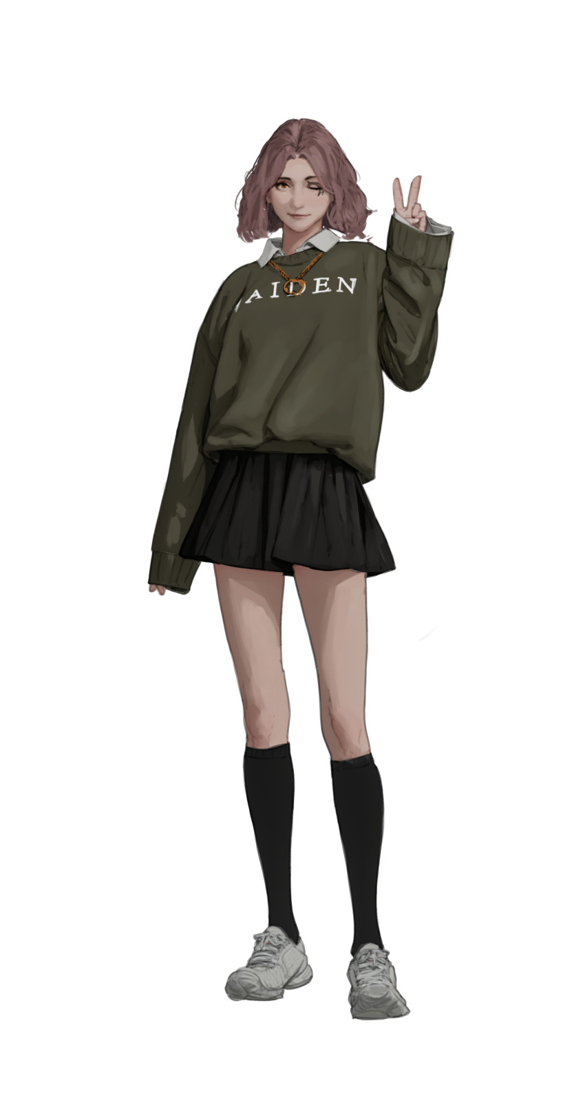 1girl, absurdres, atamagaitai, black_legwear, black_skirt, brown_hair, casual, closed_mouth, collared_shirt, contemporary, contrapposto, elden_ring, facial_tattoo, full_body, green_sweater, hand_up, highres, jewelry, long_sleeves, looking_at_viewer, medium_hair, melina_(elden_ring), miniskirt, necklace, one_eye_closed, pleated_skirt, ring_necklace, shirt, shoes, simple_background, skirt, sleeves_past_wrists, smile, socks, solo, sweater, tattoo, v, white_background, white_footwear, white_shirt, wing_collar