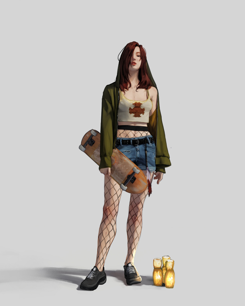 1girl, atamagaitai, black_footwear, blue_shorts, brown_eyes, contemporary, contrapposto, dark_souls_(series)