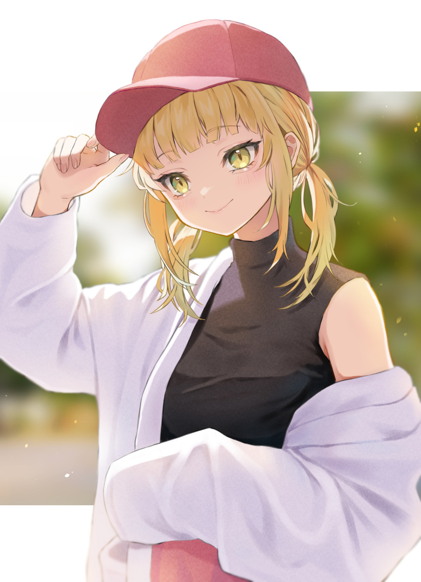 1girl, absurdres, alternate_costume, bangs, baseball_cap, black_shirt, blonde_hair, blunt_bangs