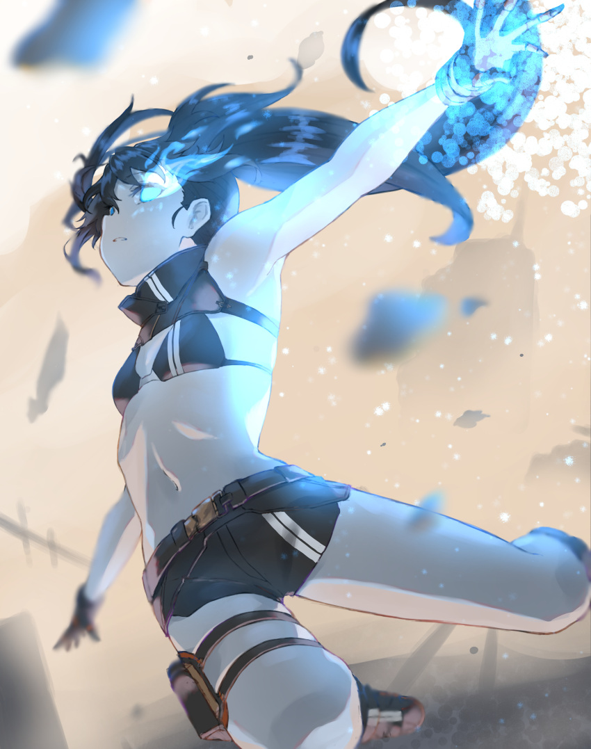 1girl, absurdres, armpits, asymmetrical_hair, belt, bikini, bikini_top_only, black_belt