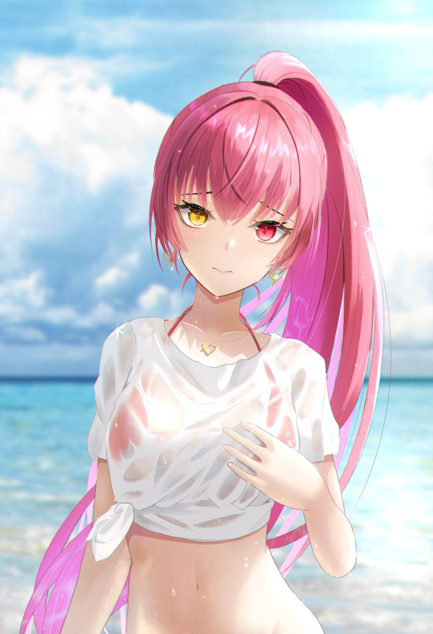 1girl, absurdres, bangs, bikini, bikini_under_clothes, blurry, blurry_background, clouds, collarbone, day, earrings, floating_hair, hair_between_eyes, halterneck, head_tilt, heart_pendant, heterochromia, high_ponytail, highres, hololive, houshou_marine, jewelry, long_hair, looking_at_viewer, midriff, navel, o29sukizero, ocean, outdoors, pink_hair, red_eyes, shiny, shiny_hair, shirt, short_sleeves, solo, stomach, summer, swimsuit, tied_shirt, upper_body, very_long_hair, virtual_youtuber, wet, wet_clothes, wet_hair, wet_shirt, white_shirt, yellow_eyes