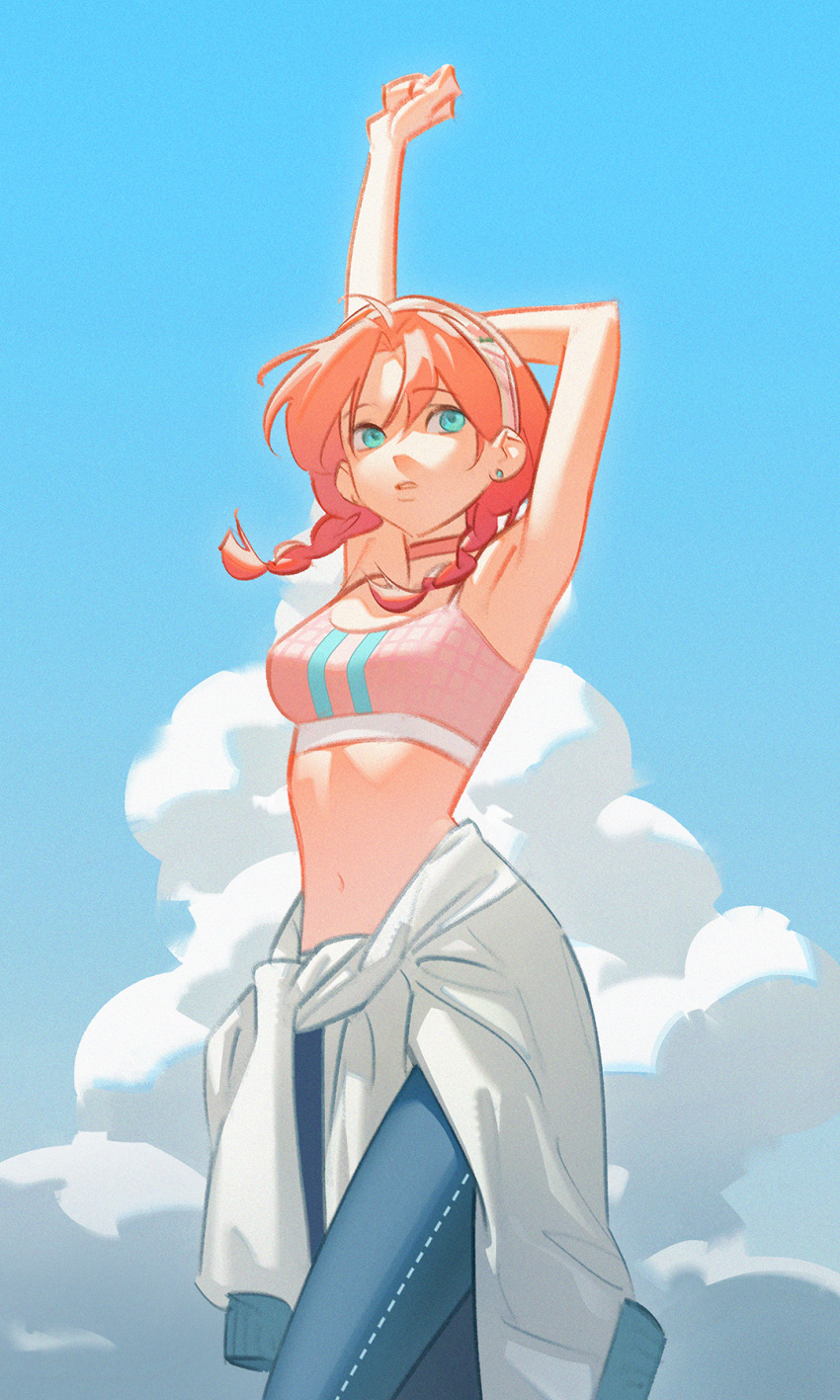 1girl, 272wallace, ahoge, arknights, arm_up, armpits, bangs, bare_arms