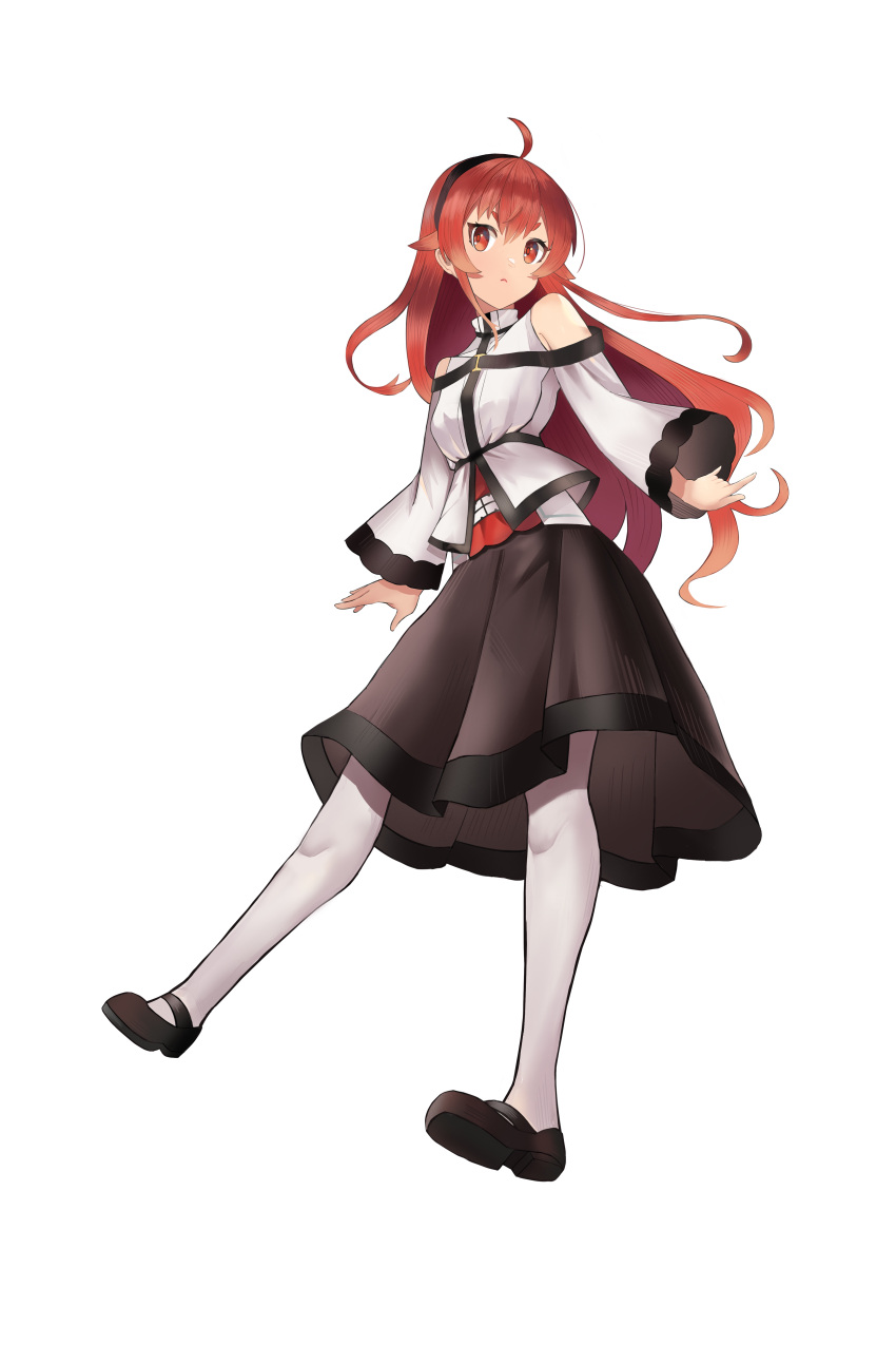 1girl, absurdres, ahoge, bangs, black_footwear, black_hairband, black_skirt, clothing_cutout