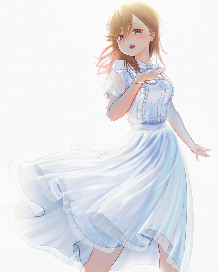 1girl, backlighting, bangs, blush, brown_hair, dress, eyebrows_visible_through_hair, floating_hair