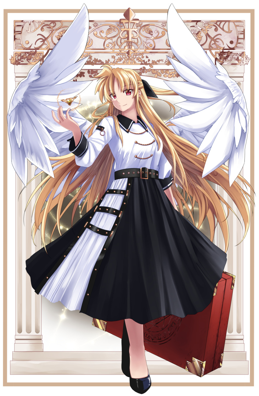 1girl, bangs, black_bow, black_footwear, black_skirt, blonde_hair, bow, closed_mouth