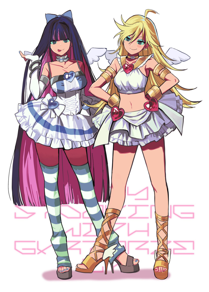 2girls, ahoge, armlet, bangs, bare_shoulders, betti_(xx_betti), black_hair, blonde_hair, blue_eyes, blunt_bangs, bow, bracelet, breasts, closed_mouth, collarbone, colored_inner_hair, dress, fingerless_gloves, full_body, gloves, grey_background, heart, high_heels, highres, jewelry, large_breasts, long_hair, midriff, multicolored_hair, multiple_girls, navel, panty_&amp;_stocking_with_garterbelt, panty_(psg), simple_background, skirt, stocking_(psg), stomach, striped, striped_legwear, thigh-highs, tongue, tongue_out, two-tone_hair, white_bow, white_dress, white_skirt, wings