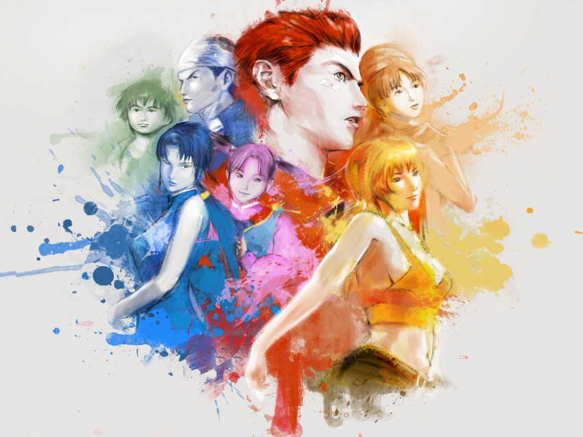 3boys, 3girls, absurdres, arms_behind_back, bandaid, bandaid_on_face, bandana, bangs