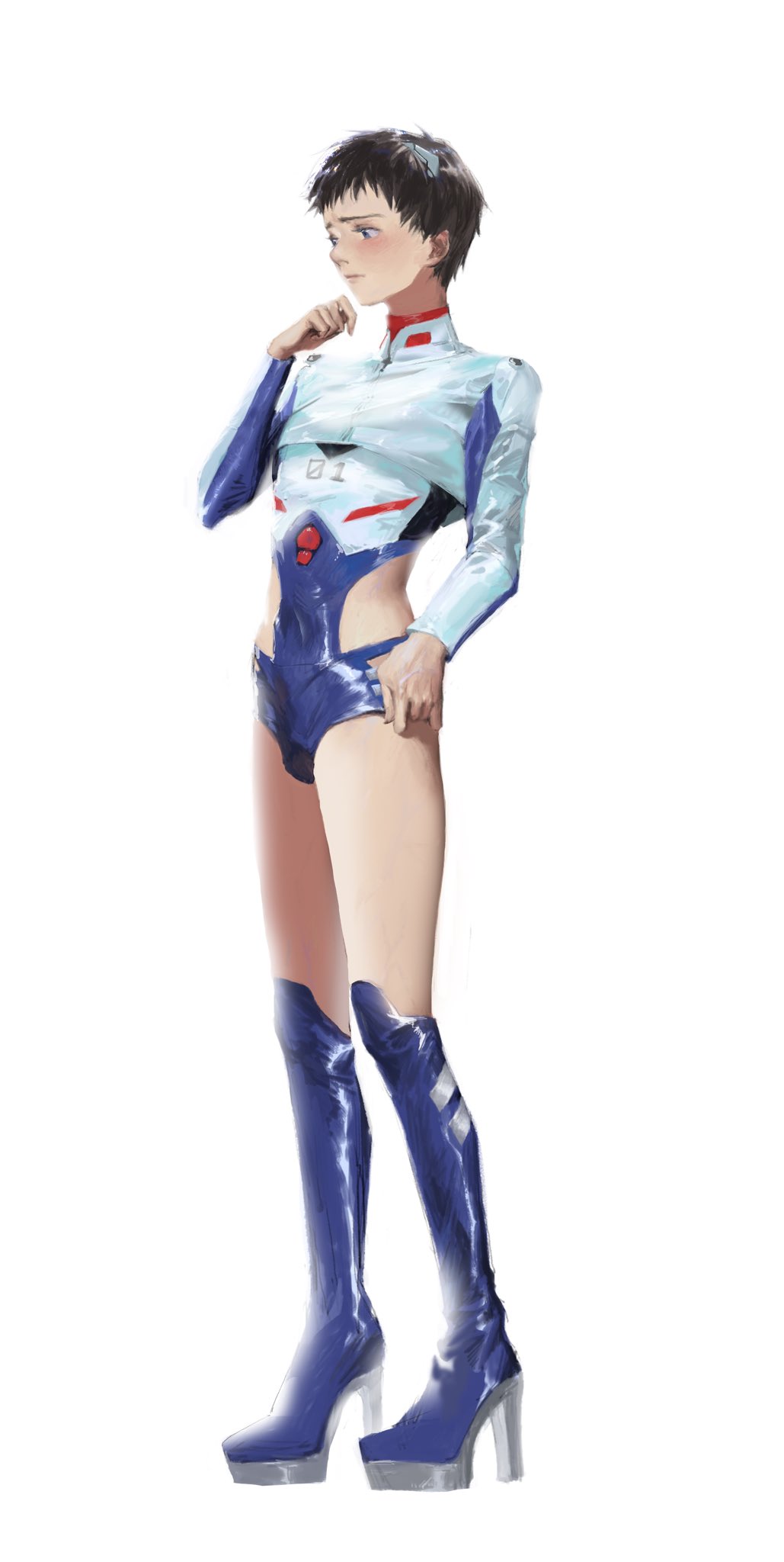 1boy, bodysuit, brown_hair, commentary_request, high_heels, highres, ikari_shinji, long_sleeves, male_focus, neon_genesis_evangelion, otoko_no_ko, plugsuit, portrait, saika78649750, short_hair, side_cutout, simple_background, solo, straight-on, tight, white_background