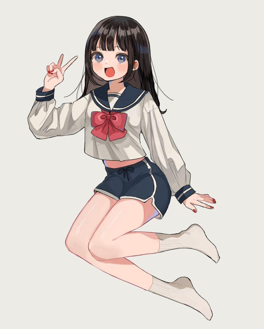 1girl, :d, akebi-chan_no_serafuku, akebi_komichi, bangs, black_shorts, blush, character_request, check_character, full_body, grey_eyes, hand_up, happy, highres, long_hair, long_sleeves, looking_at_viewer, maple_(abc2215), nail_polish, neck_ribbon, open_mouth, red_nails, red_ribbon, ribbon, sailor_collar, shiny, shiny_hair, shirt, shorts, smile, socks, solo, tongue, v, white_legwear, white_shirt