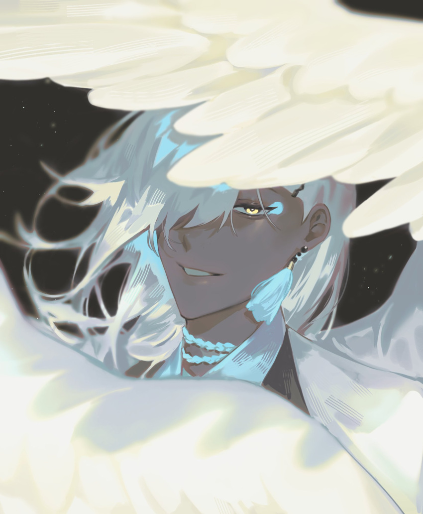 1boy, close-up, collared_shirt, commentary, dark_background, earrings, feathered_wings, gear_(gear_990)