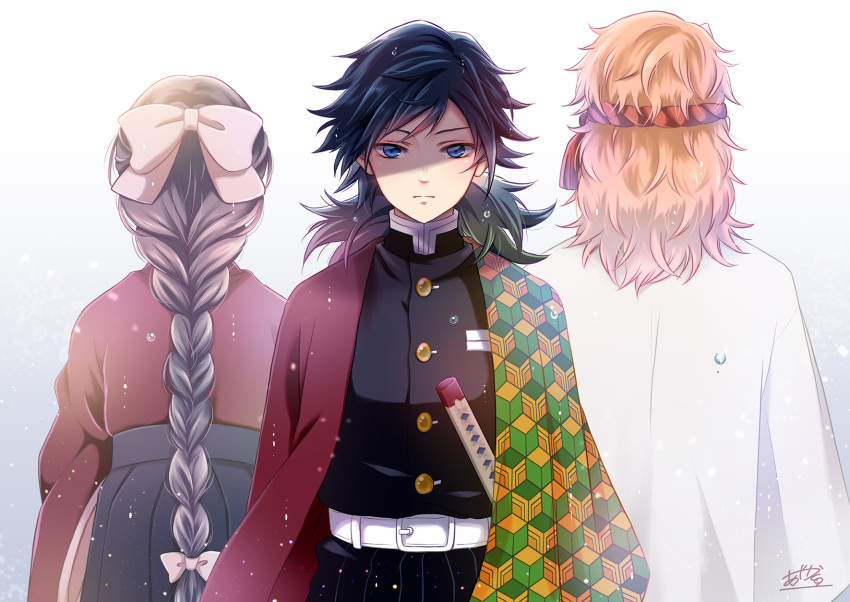 1girl, 2boys, asymmetrical_clothes, back-to-back, belt, black_hair, blue_eyes, bow