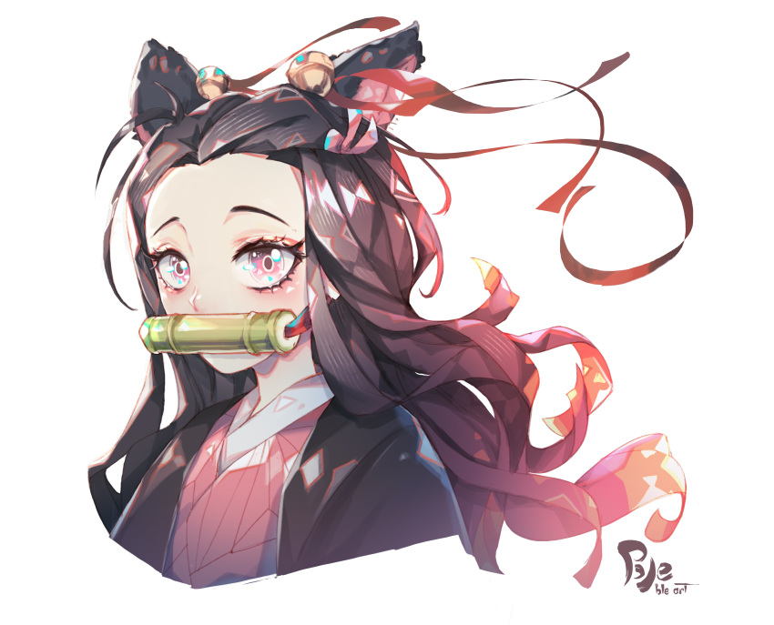 1girl, absurdres, animal_ears, bamboo, bell, bit_gag, black_hair, bleble