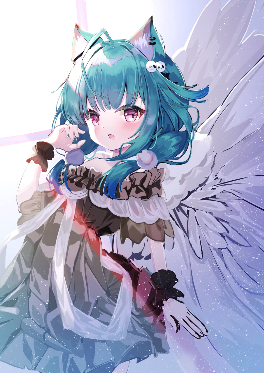 1girl, absurdres, ahoge, animal_ears, bangs, black_dress, blue_hair, cat_ears