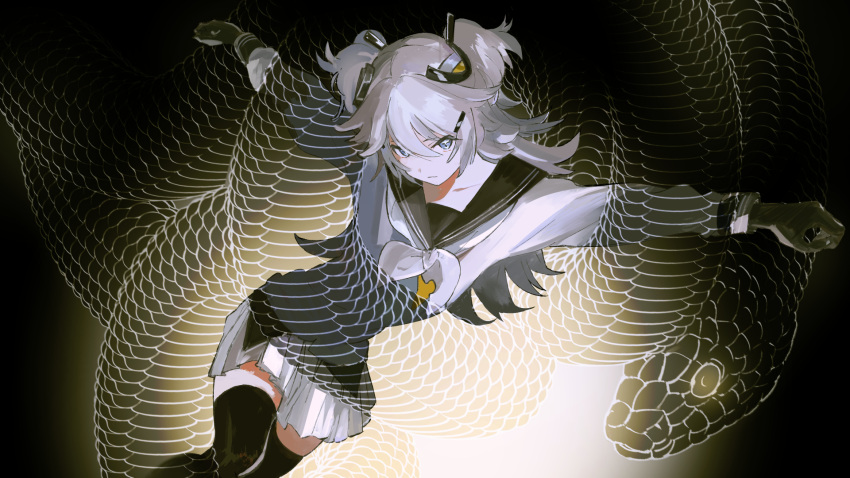 1girl, alchemy_stars, bangs, black_gloves, black_legwear, blue_eyes, closed_mouth, florine_(alchemy_stars), gloves, grey_hair, grey_shirt, grey_skirt, hair_ornament, hairclip, highres, kakeami, long_hair, long_sleeves, looking_at_viewer, neckerchief, outstretched_arms, pleated_skirt, restrained, sailor_collar, shirt, skirt, snake, solo, spread_arms, thigh-highs, two_side_up, white_neckerchief