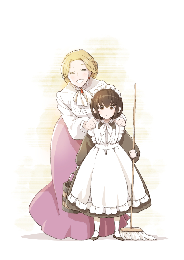 2girls, ^_^, apron, arm_at_side, bennett_cranley, black_footwear, black_hair, blonde_hair