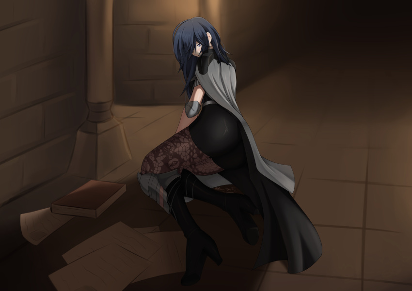 absurdres, armlet, ass, blue_eyes, blue_hair, book, boots, breasts, brown_legwear, burns5, byleth_(fire_emblem), byleth_eisner_(female), cape, fire_emblem, fire_emblem:_three_houses, floral_print, high_heel_boots, high_heels, highres, lace-trimmed_legwear, lace_trim, legwear_under_shorts, pantyhose, paper, print_legwear, shorts, sideboob, teacher