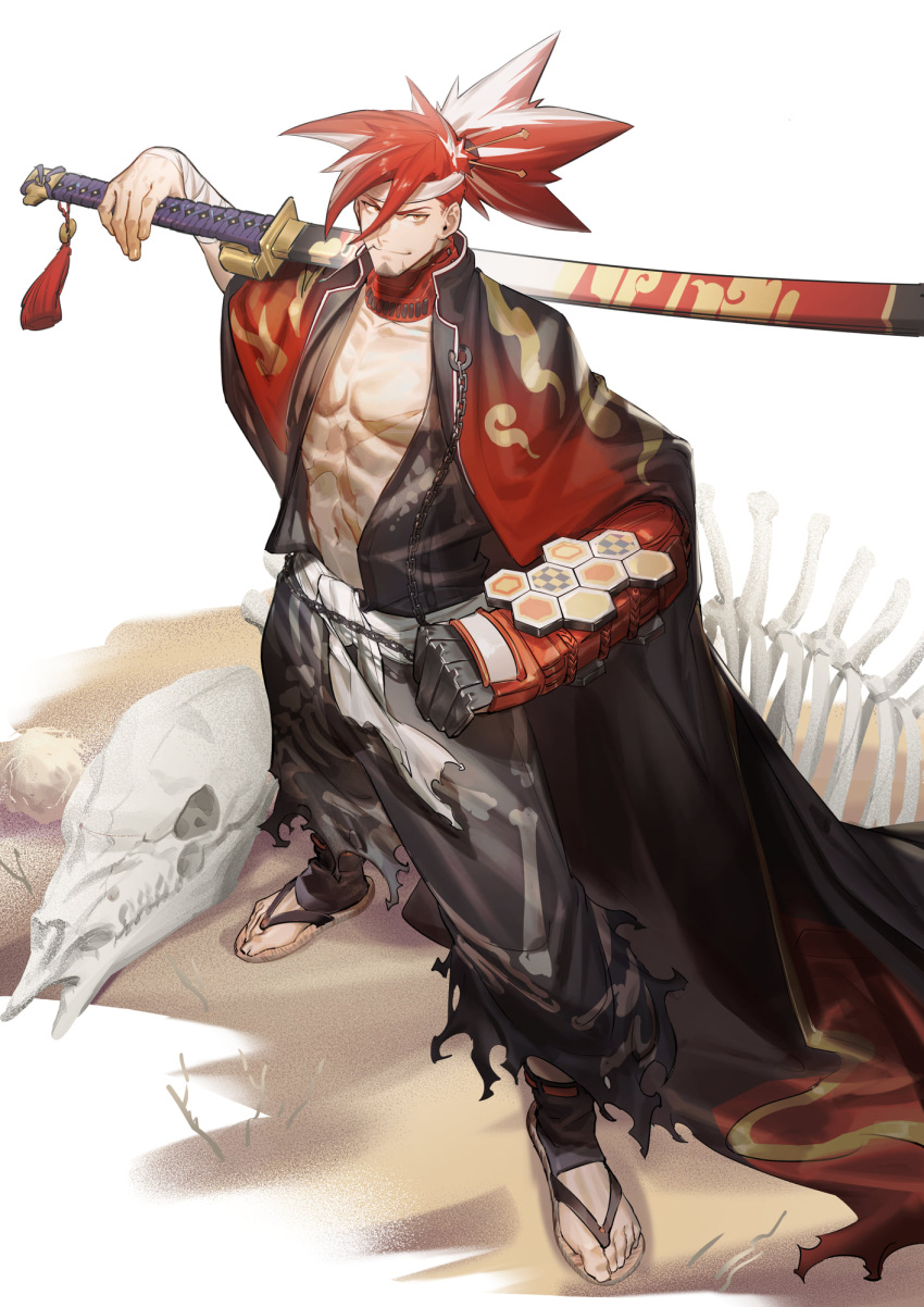 1boy, abs, alchemy_stars, animal_skull, bandaged_arm, bandages, black_cloak, black_kimono
