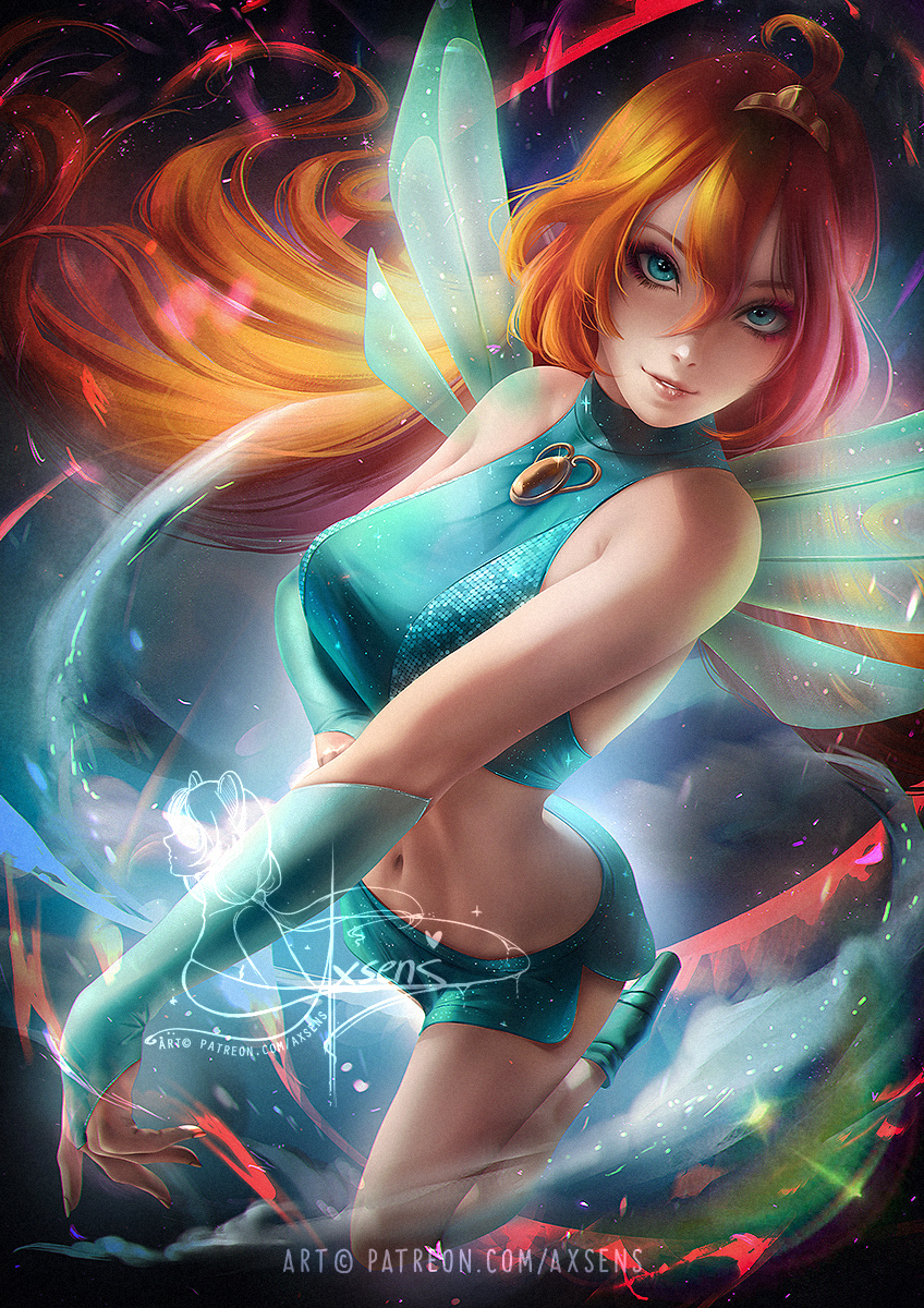 1girl, ahoge, axsen, banned_artist, bloom_(winx_club), fairy, fairy_wings, green_eyes