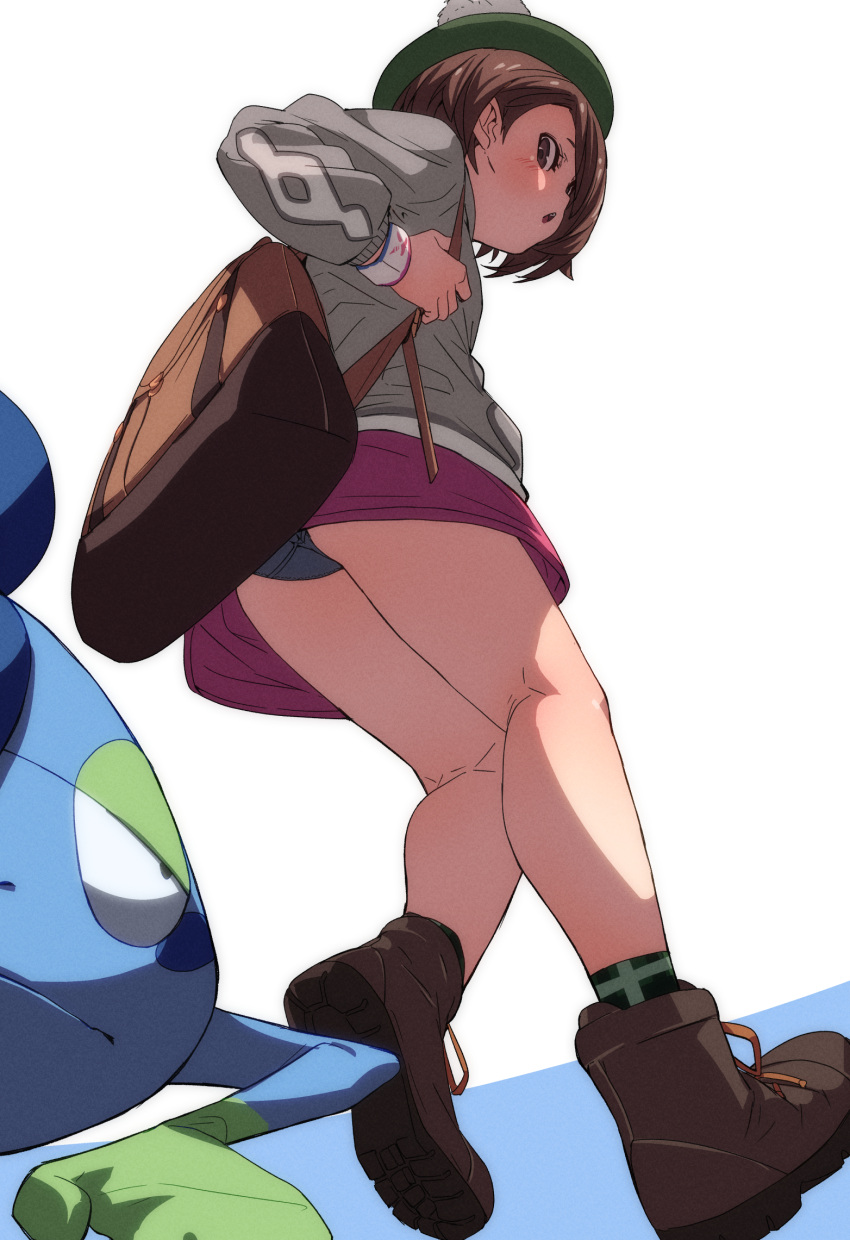 1girl, :o, backpack, bag, bare_legs, blue_panties, blush, boots