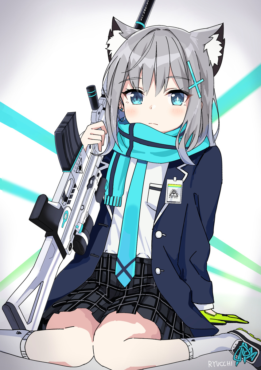 1girl, absurdres, animal_ears, assault_rifle, bangs, blue_archive, blue_eyes, blue_jacket