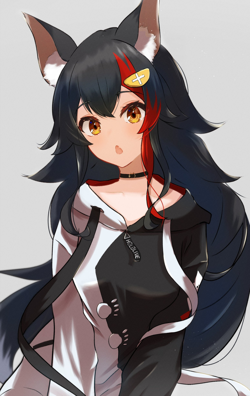 1girl, :o, absurdres, animal_ear_fluff, animal_ears, black_choker, black_hair, black_hoodie