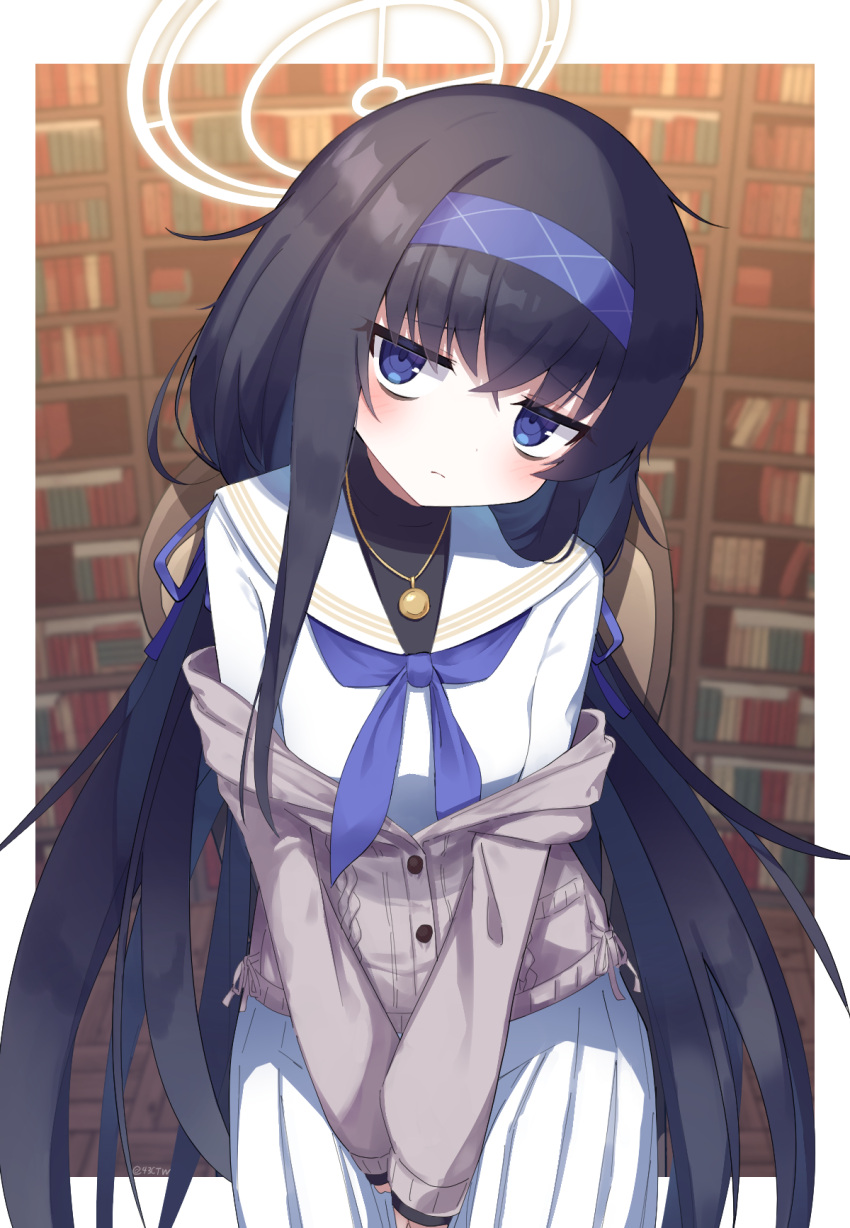 1girl, black_hair, blue_archive, blue_eyes, blurry, blurry_background, blush, bookshelf