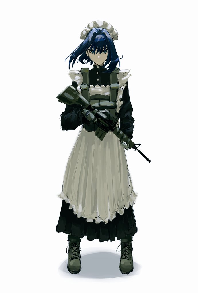 1girl, apron, assault_rifle, azura_(azuart0), battle_rifle, blue_eyes, boots, bow