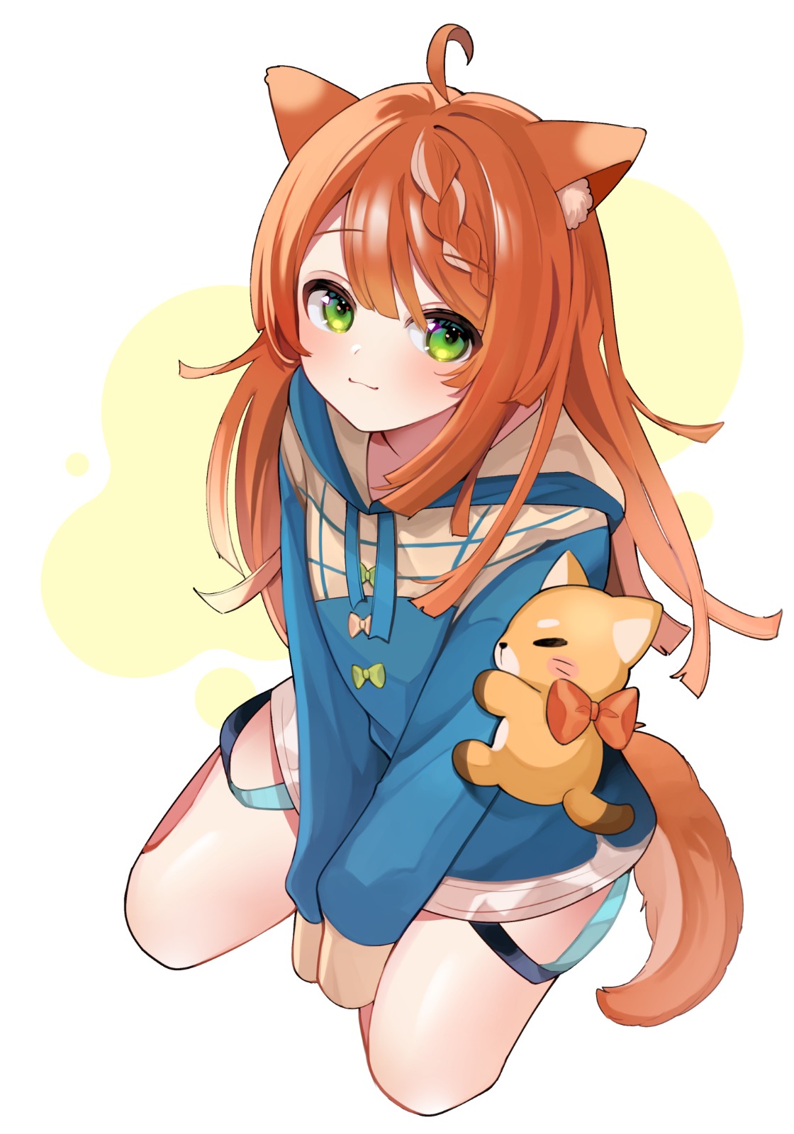 1girl, :3, animal_ear_fluff, animal_ears, blue_hoodie, blush, bow, braid