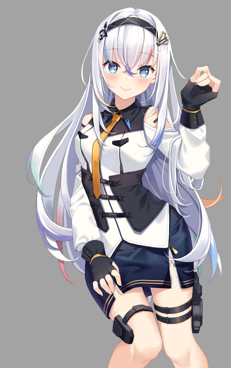 1girl, black_gloves, black_hairband, blue_hair, blue_skirt, bodice, clothing_cutout, collared_shirt, english_commentary, eyebrows_visible_through_hair, fingerless_gloves, gloves, grey_background, hairband, hand_on_own_thigh, highres, idol_(vtuber_group), kattarina_qutie, kuri_(animejpholic), long_hair, multicolored_hair, second-party_source, shirt, shoulder_cutout, silver_hair, skirt, smile, solo, streaked_hair, thigh_strap, very_long_hair, virtual_youtuber, white_shirt