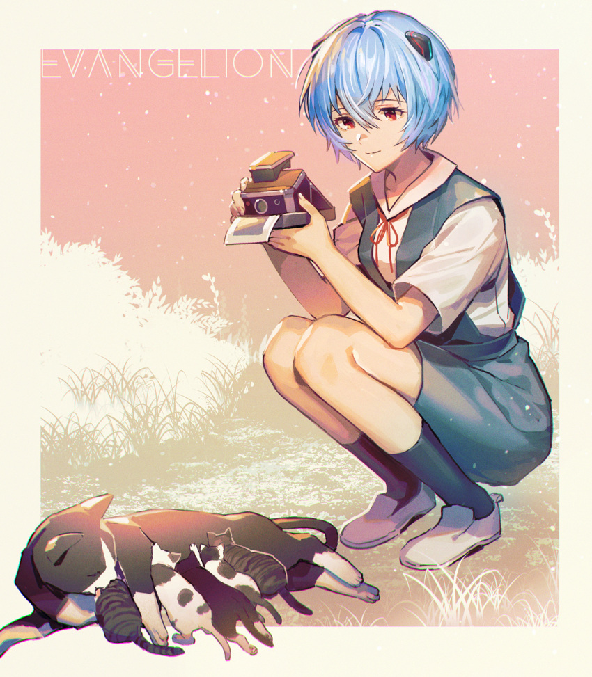 1girl, ayanami_rei, black_legwear, blue_hair, blue_skirt, camera, cat, closed_mouth, copyright_name, full_body, grass, grey_footwear, highres, holding, holding_camera, interface_headset, kitten, neck_ribbon, neon_genesis_evangelion, panco, rebuild_of_evangelion, red_eyes, red_ribbon, ribbon, school_uniform, shirt, short_hair, short_sleeves, skirt, smile, socks, solo, squatting, suspender_skirt, suspenders, taking_picture, tokyo-3_middle_school_uniform_(evangelion), white_footwear, white_shirt