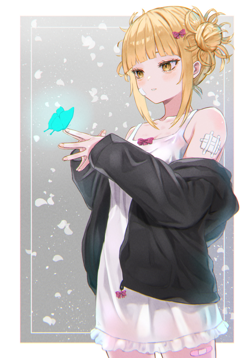 1girl, absurdres, bandages, bandaid, blonde_hair, blue_butterfly, blush, boku_no_hero_academia
