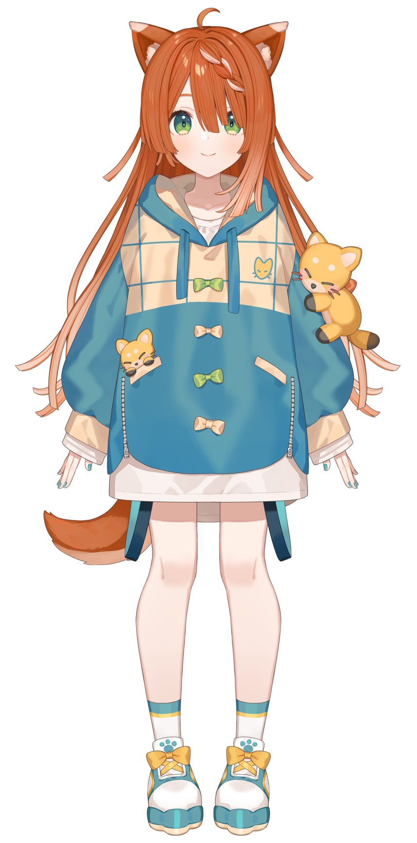 1girl, animal_ear_fluff, animal_ears, bangs, beige_hoodie, blue_hoodie, blue_nails, bow