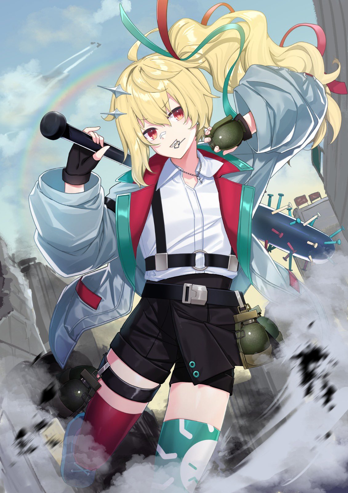 belt, black_belt, black_shorts, blonde_hair, blue_jacket, clouds, collared_shirt, english_commentary