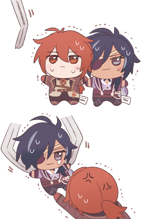 2boys, anger_vein, bangs, blue_eyes, blue_hair, character_doll, closed_mouth, crane_game