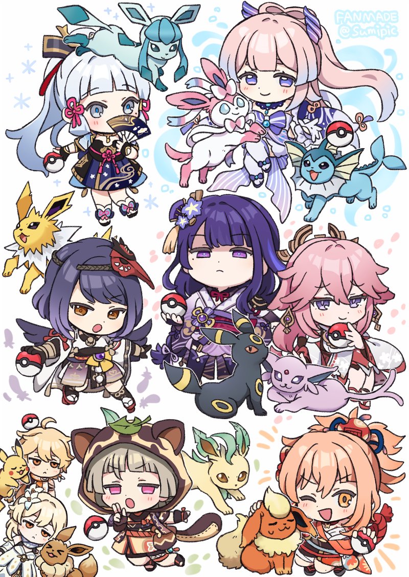 >_<, 1boy, 6+girls, :3, aether_(genshin_impact), animal_ears, animal_hood, bangs