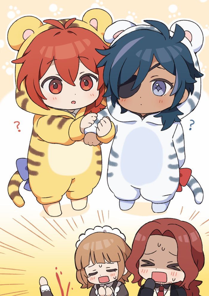 >_<, 2girls, 3boys, ?, alternate_costume, animal_costume, antenna_hair, bangs, black_gloves, blood, brown_hair, chibi, child, crepus_(genshin_impact), dark-skinned_male, dark_skin, diluc_(genshin_impact), eyebrows_visible_through_hair, facial_hair, genshin_impact, gloves, hair_between_eyes, kaeya_(genshin_impact), long_hair, long_sleeves, maid, multiple_boys, multiple_girls, open_mouth, parted_lips, paw_print, ponytail, red_eyes, redhead, short_hair, simple_background, sumipic, younger