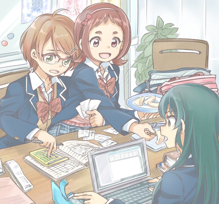 3girls, bow_hairband, brown_hair, computer, ds_(ndsl), glasses, green_hair, hairband
