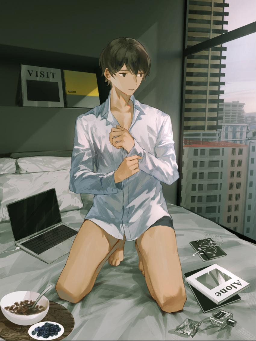 1boy, bare_legs, barefoot, bedroom, black_male_underwear, blueberry, book, bottle