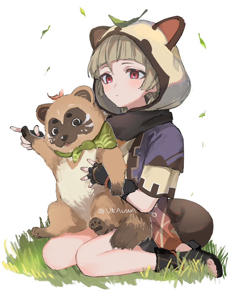 animal, animal_hood, bake-danuki_(genshin_impact), bangs, black_gloves, brown_hair, closed_eyes, fingerless_gloves