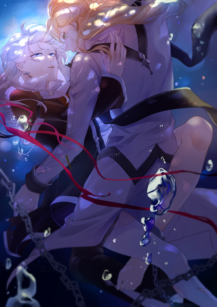 1boy, 1girl, absurdres, bangs, black_dress, blonde_hair, blue_eyes, chain