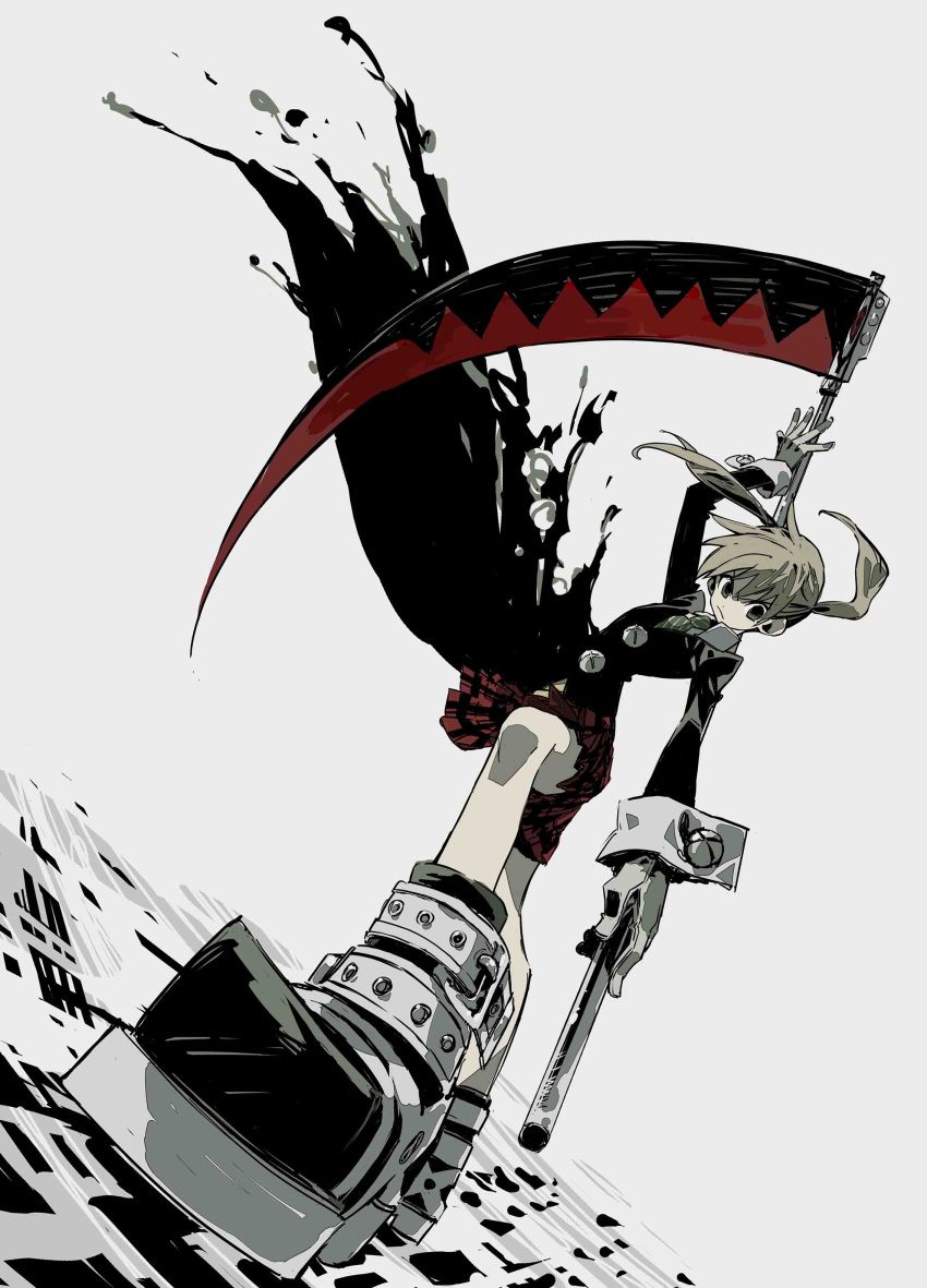 1girl, absurdres, bangs, black_coat, black_footwear, boots, closed_mouth, coat, gloves, green_necktie, grey_eyes, hair_between_eyes, highres, holding, holding_scythe, holding_weapon, long_hair, long_sleeves, maka_albarn, necktie, plaid, plaid_skirt, red_skirt, scythe, simple_background, skirt, solo, soul_eater, twintails, weapon, white_gloves, yukot